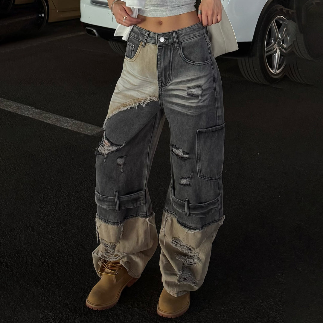 Damen Trendige Cargo-Jeans mit ausgefranstem Design und tiefem Schritt Drune