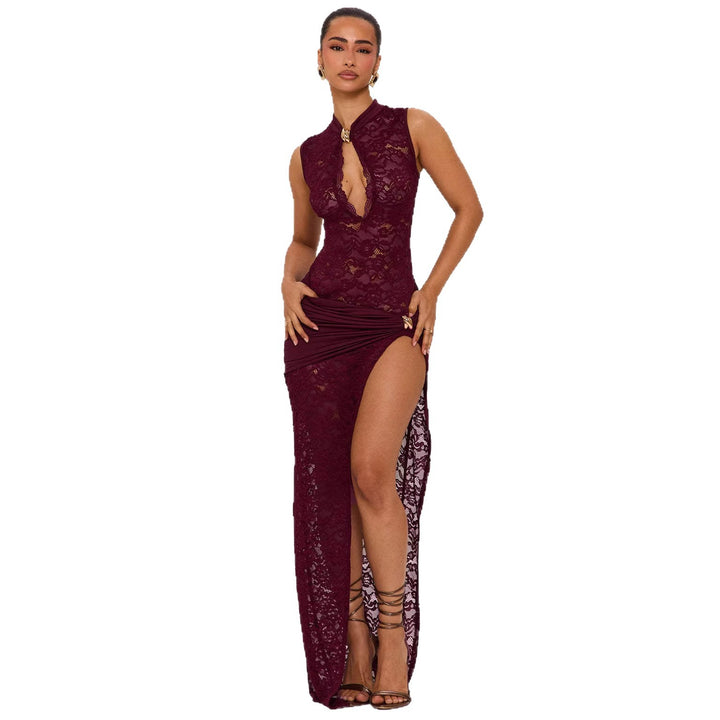 Damen Elegantes Spitzenkleid mit tiefem V-Ausschnitt und drapiertem Saum Drune