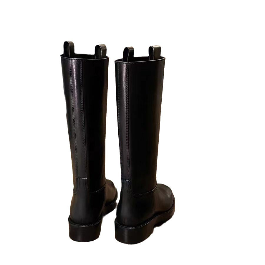 Damen Kniehohe Glattleder-Stiefel mit runder Zehenpartie und robuster Plateausohle Drune