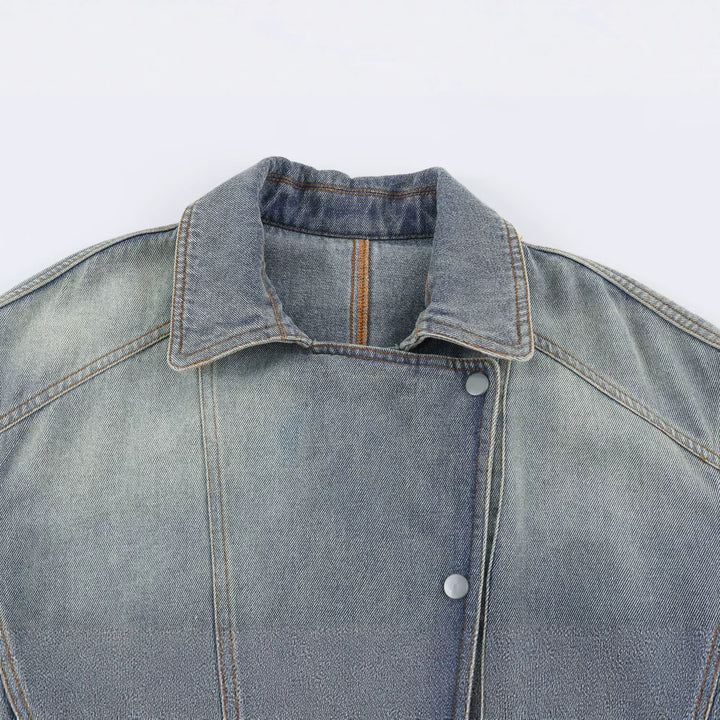 Damen Jeansjacke mit Taillengürtel und asymmetrischer Druckknopfleiste Drune