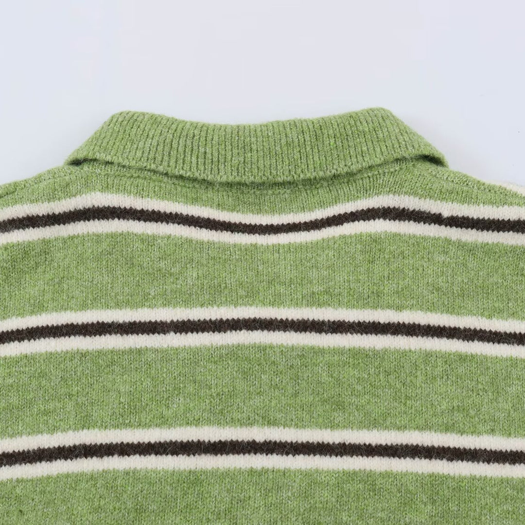 Damen Oversize-Polopullover mit Streifenmuster und Knopfleiste Drune