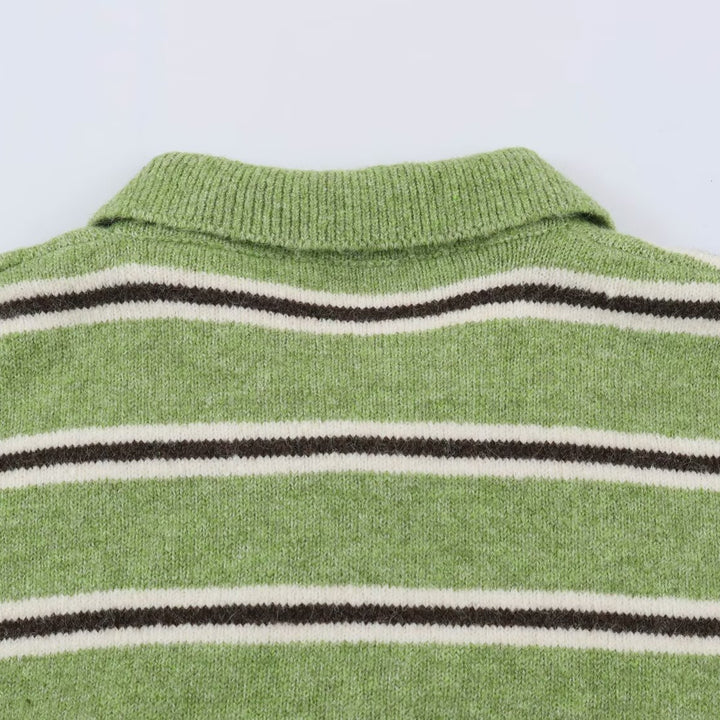 Damen Oversize-Polopullover mit Streifenmuster und Knopfleiste Drune