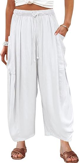 Damen Hochbundweite Weitbein Leinenmix Cargo Cropped Hose Drune