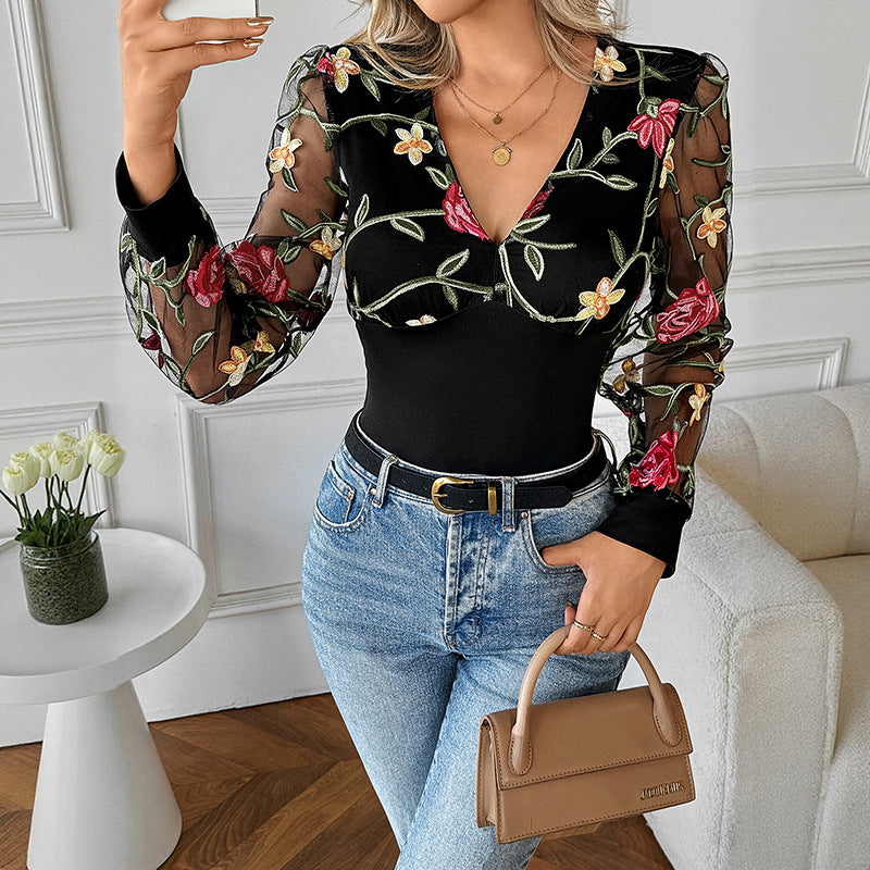 Damen Elegante Bluse mit floralen Spitzenärmeln Drune
