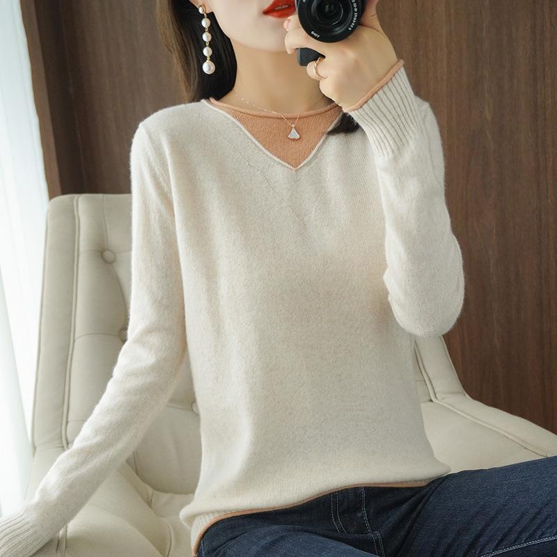 Damen Weicher V‑Ausschnitt-Pullover aus Kaschmir‑Look mit kontrastierter Kantenverzierung Drune