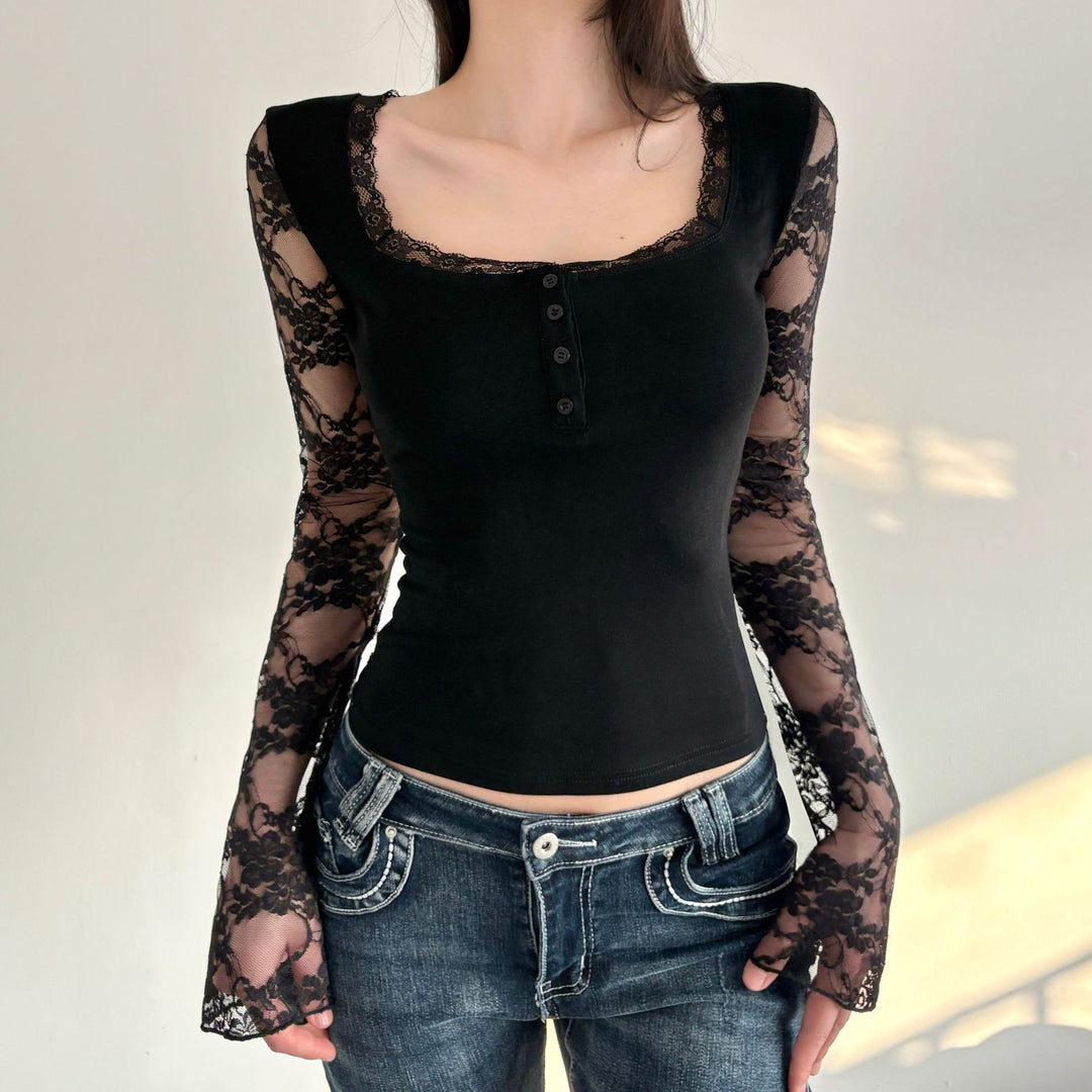 Damen Elegantes Langarmshirt mit Spitze und Knopfdetails Drune