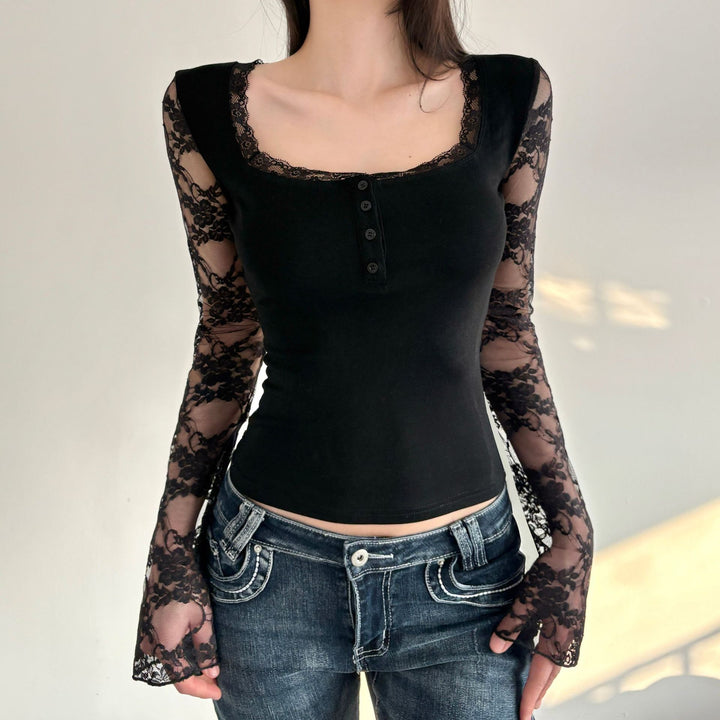 Damen Elegantes Langarmshirt mit Spitze und Knopfdetails Drune