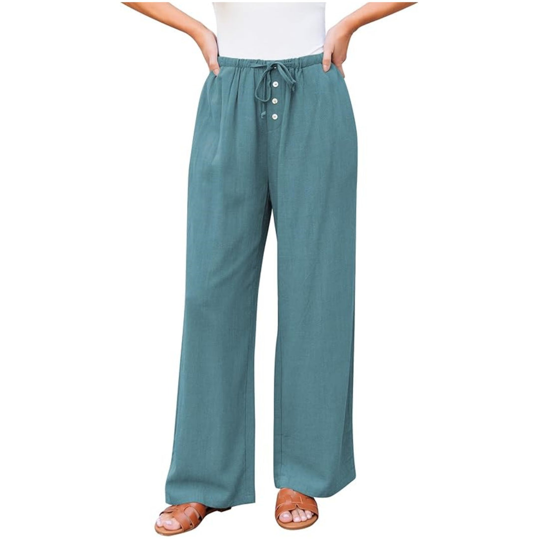 Damen Leinenoptik-Hose mit weitem Bein, Gummizug-Taille, Tunnelzug und Knopfdetail Drune