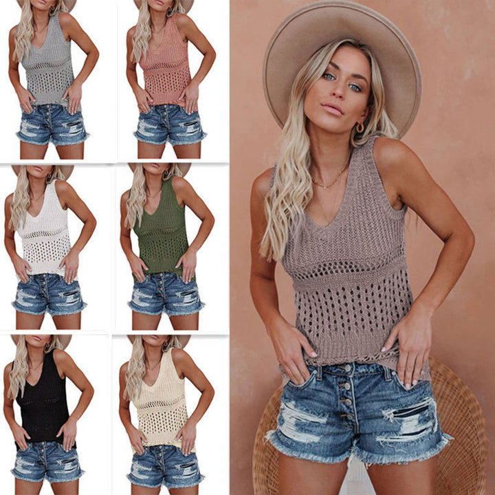 Damen luftiges Stricktop mit V-Ausschnitt und feinen Lochmustern Drune