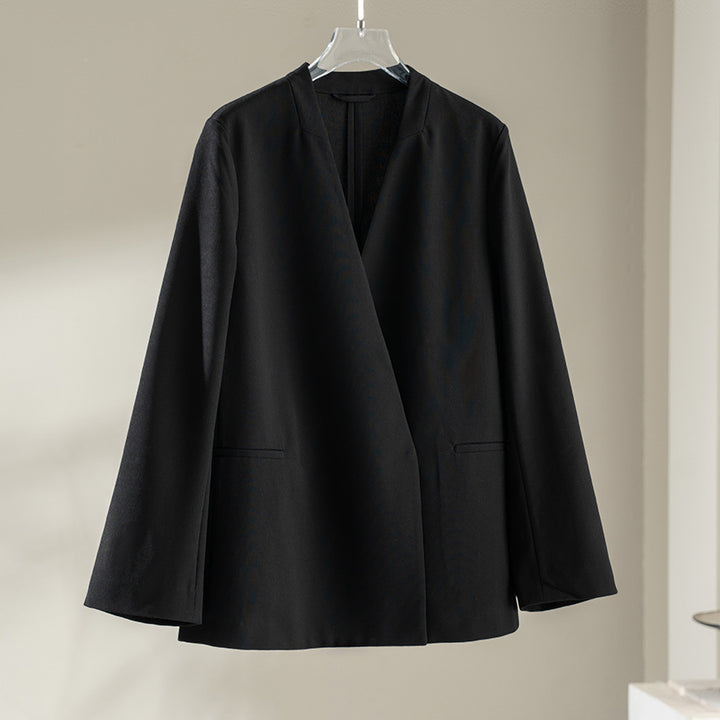 Damen kragenloser Longline-Blazer mit offenem V-Ausschnitt und Eingrifftaschen Drune