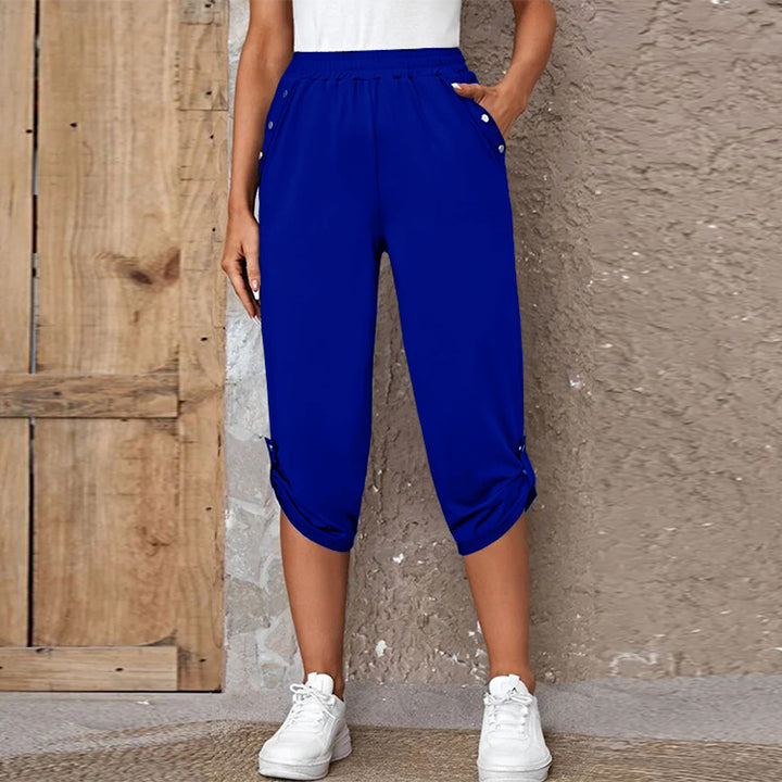 Damen sportliche Caprihose mit dekorativen Knopfdetails Drune