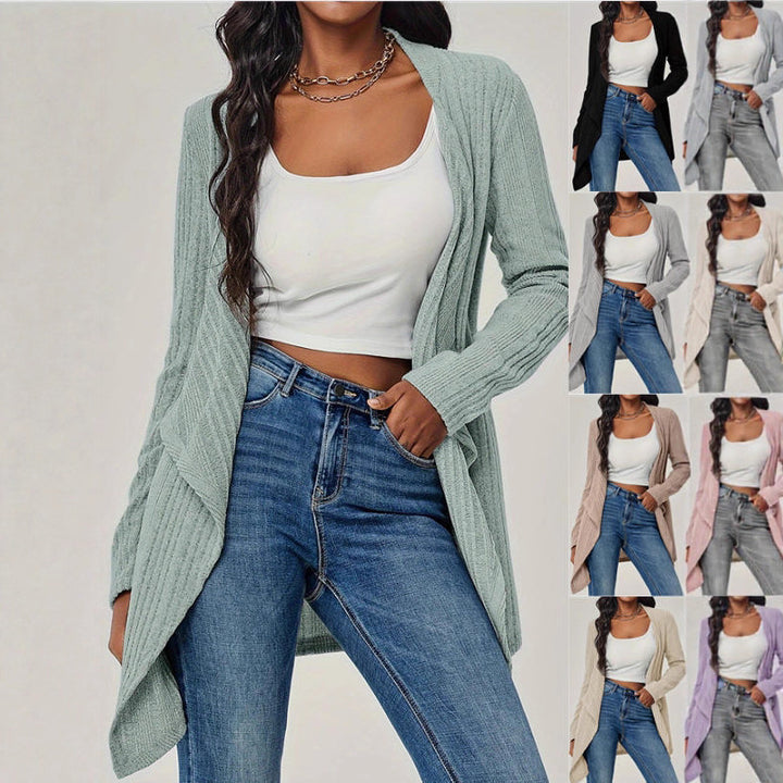 Damen Offener Rippstrick-Cardigan mit Wasserfallkragen Drune