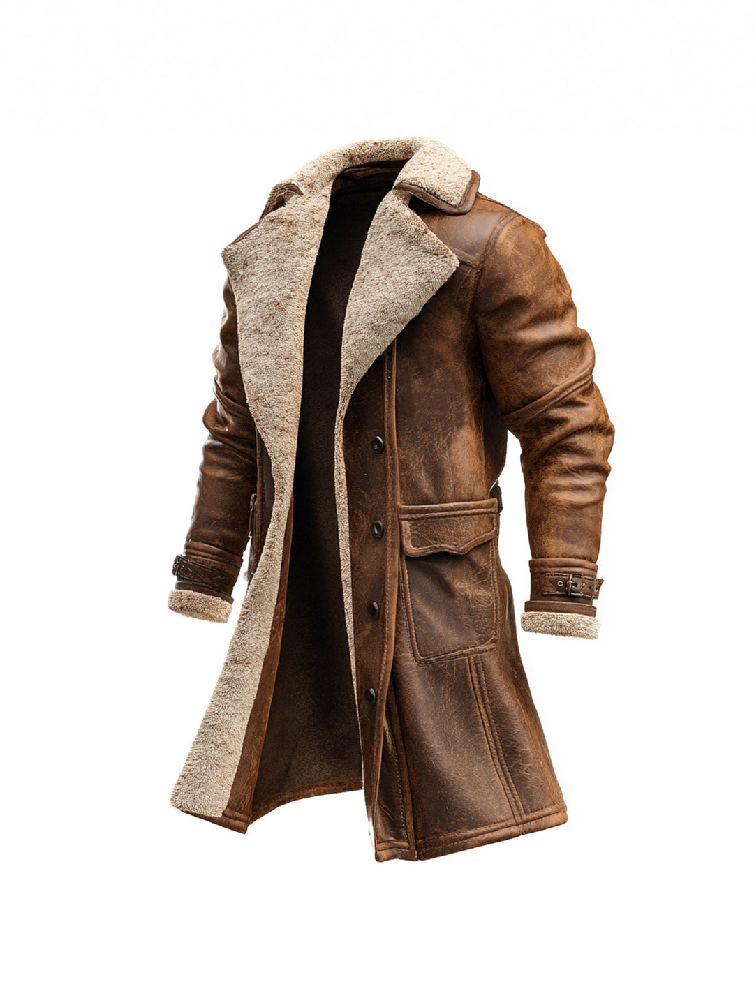 Herren nan langer vintage Biker-Ledermantel mit durchgehendem Sherpa-Futter, Pattentaschen und verstellbaren Schnallenmanschetten Drune
