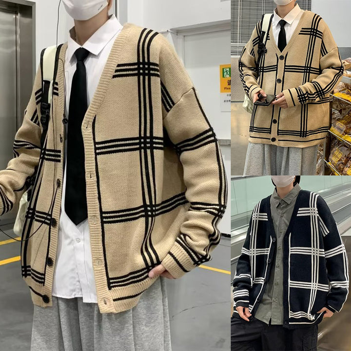 Herren Modischer Grobstrick Cardigan mit Karomuster Drune