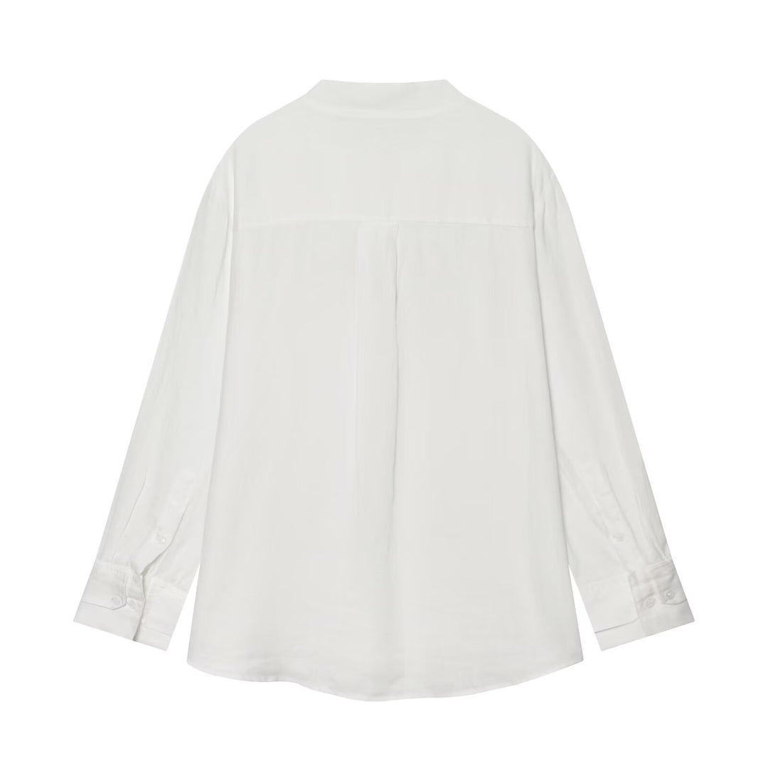 Damen Oversize Leinenbluse mit Stehkragen und chinesischen Knotenknöpfen Drune
