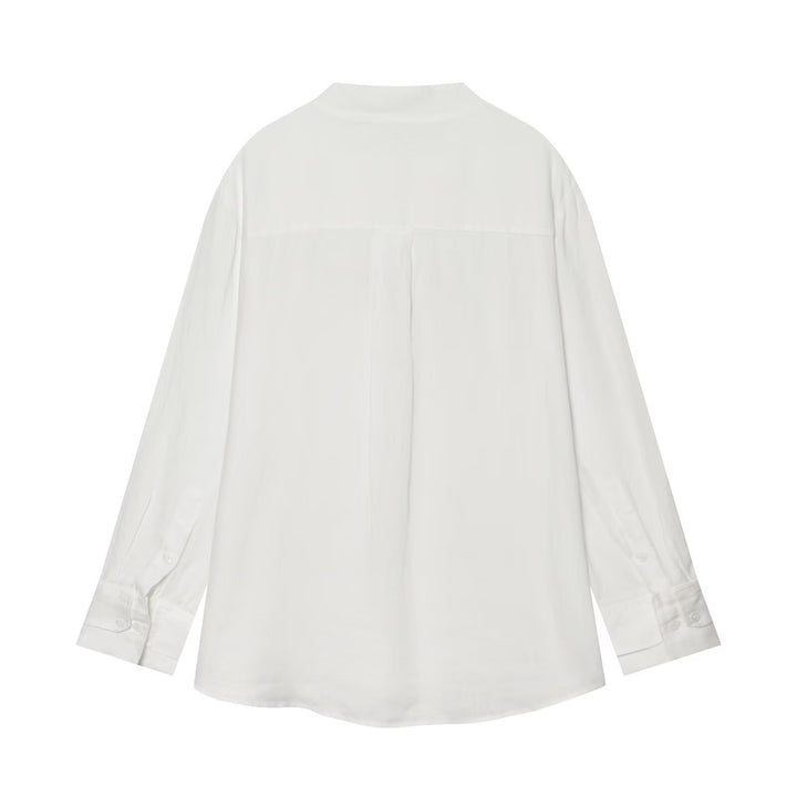 Damen Oversize Leinenbluse mit Stehkragen und chinesischen Knotenknöpfen Drune