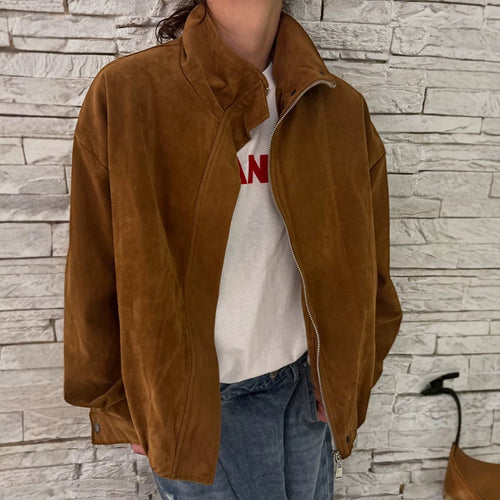 Damen Oversize Veloursleder-Blouson mit hohem Stehkragen und Metallreißverschluss Drune