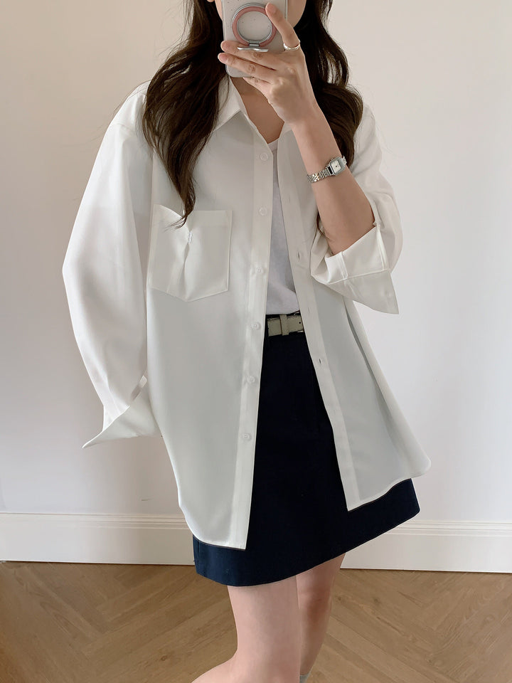Damen Oversized Hemdbluse aus fließendem Material mit Brusttasche Drune