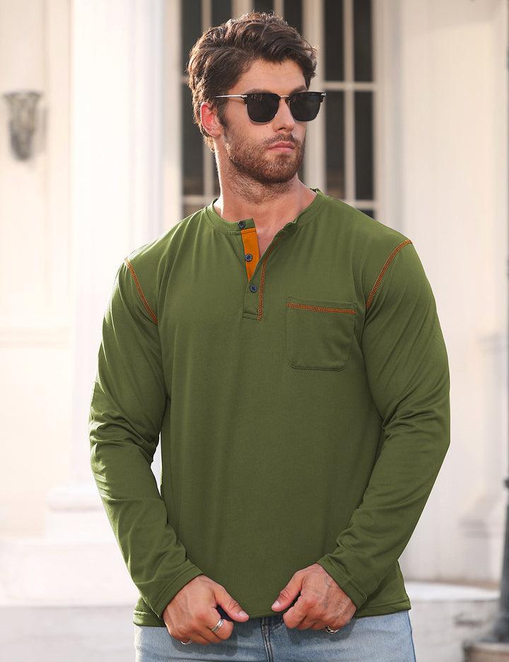 Herren nan Langarmshirt mit kurzer Knopfleiste Brusttasche und kontrastierenden Ziernähten Drune
