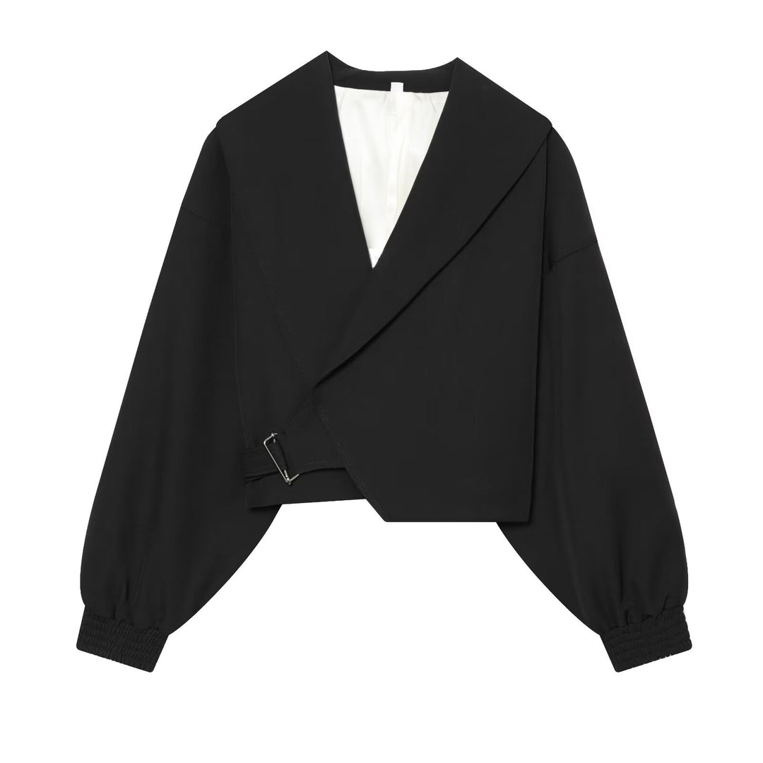 Damen Kurze Wickeljacke mit weitem Schalkragen, taillierendem Schnallenband und Ballonärmeln Drune