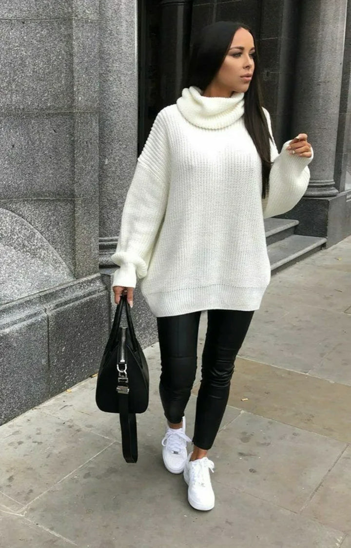 Damen Oversized Pulli mit hohem Kragen und Struktur Drune