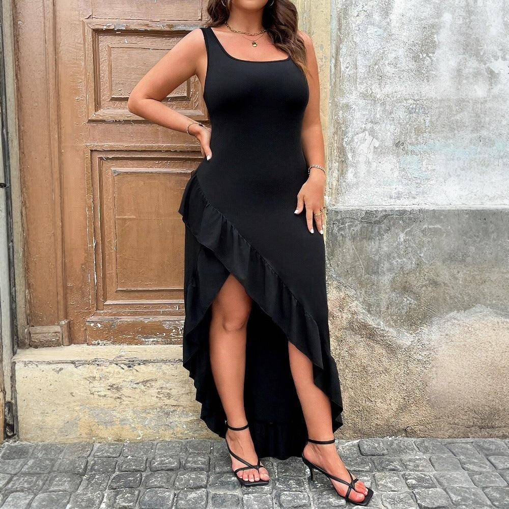 Damen elegantes Maxikleid mit asymmetrischem Saum und Rüschendetails Drune