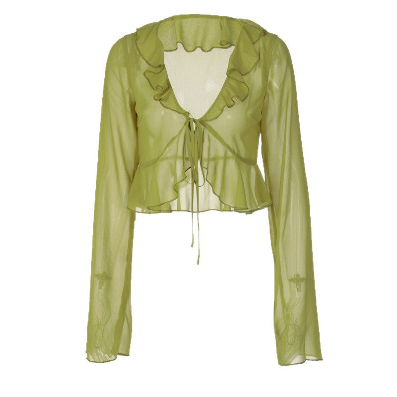 Damen Transparente Bluse mit Rüschen und Bindedetail Drune