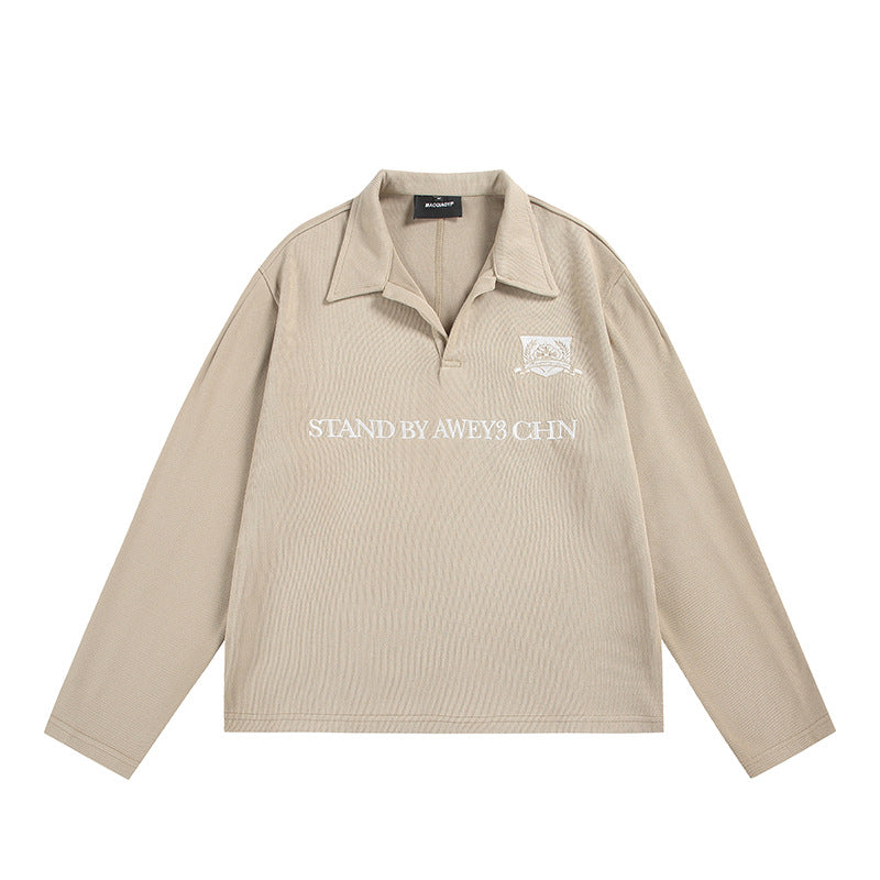 Unisex Langärmeliges Rugby-Polo mit offenem Kentkragen und Brustprint Drune