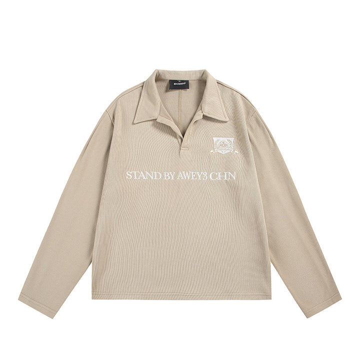 Unisex Langärmeliges Rugby-Polo mit offenem Kentkragen und Brustprint Drune