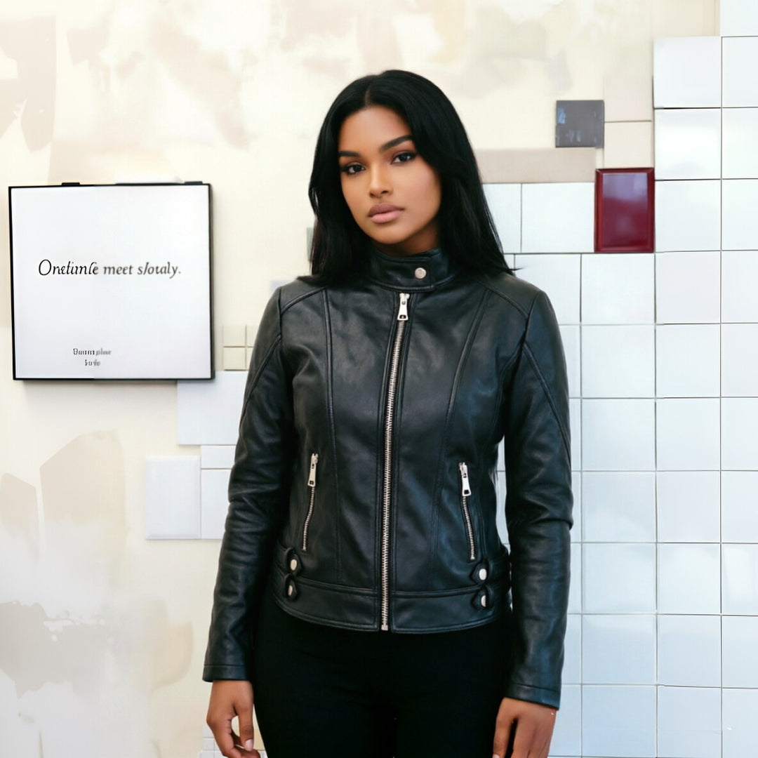 Damen Modische Kunstlederjacke mit Stehkragen Drune