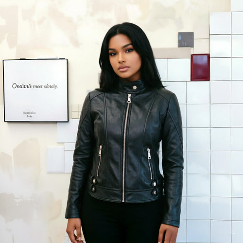 Damen Modische Kunstlederjacke mit Stehkragen Drune