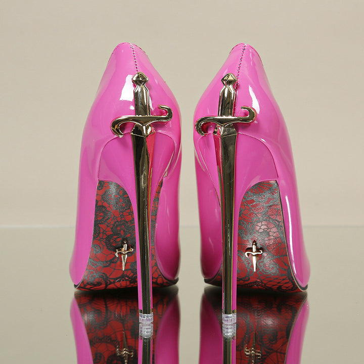 Damen Lack-High-Heels mit spitz zulaufendem Stiletto-Metallicabsatz und dekorativer Musterlaufsohle Drune