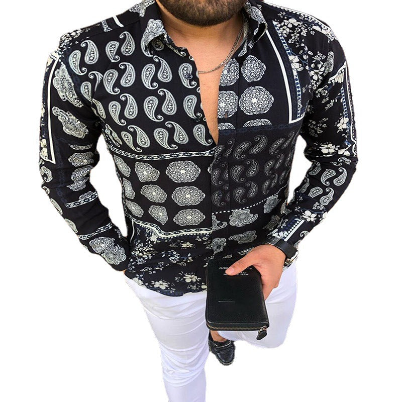 Herren Langärmeliges Patchwork-Hemd mit Paisley- und Blumenprint Drune