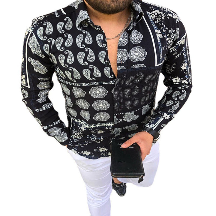 Herren Langärmeliges Patchwork-Hemd mit Paisley- und Blumenprint Drune