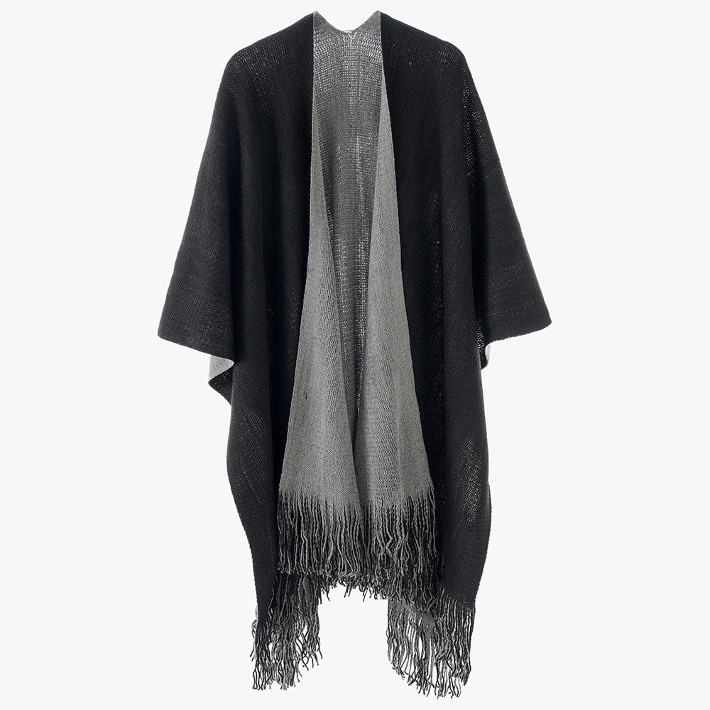 Damen Leichter Oversize-Stricküberwurf im Cape-Stil mit Fransensaum Drune