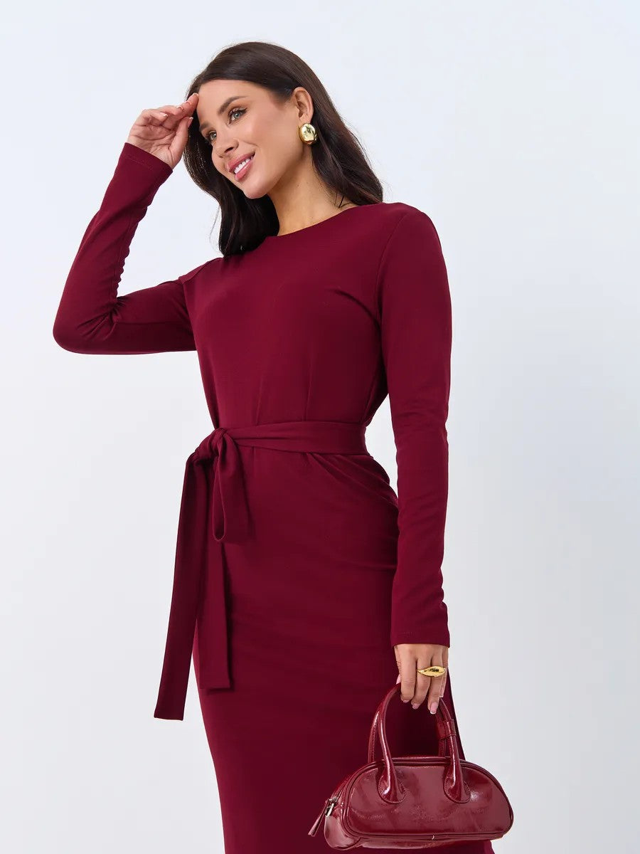 Drune | Rundhalsausschnitt Langarm Knoten Taille Pullover Kleid