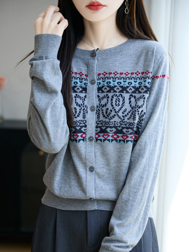 Damen Leichter Feinstrick-Cardigan mit nordischem Jacquardmuster und feiner Knopfleiste Drune
