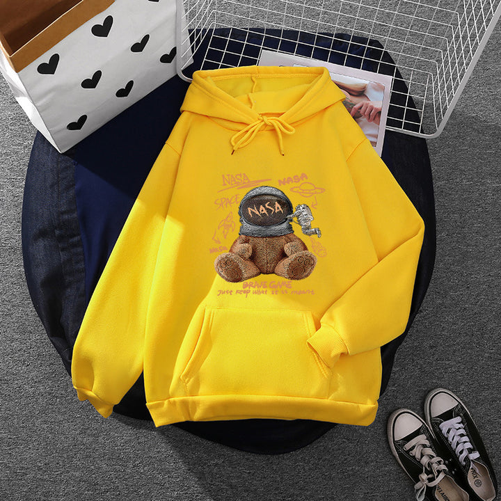 Damen nan lässiger Hoodie mit Astronauten‑Teddy‑Print, Kängurutasche und weichem Fleece-Innenfutter Drune
