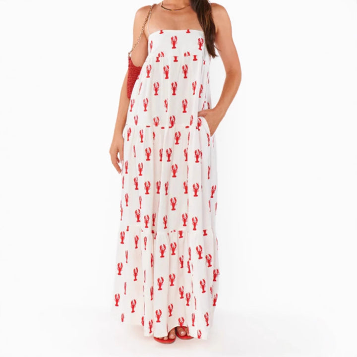 Damen nan trägerloses Bandeau-Maxikleid mit gestuftem Volantrock und maritimem Hummer-Motiv Drune
