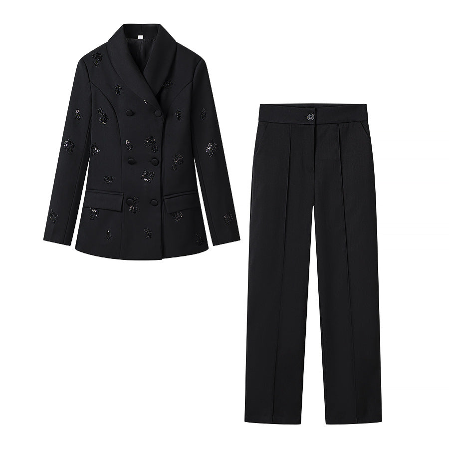 Damen Tailliertes Blazer-Set mit Schößchen und weitem Marlene-Hosenanzug Drune