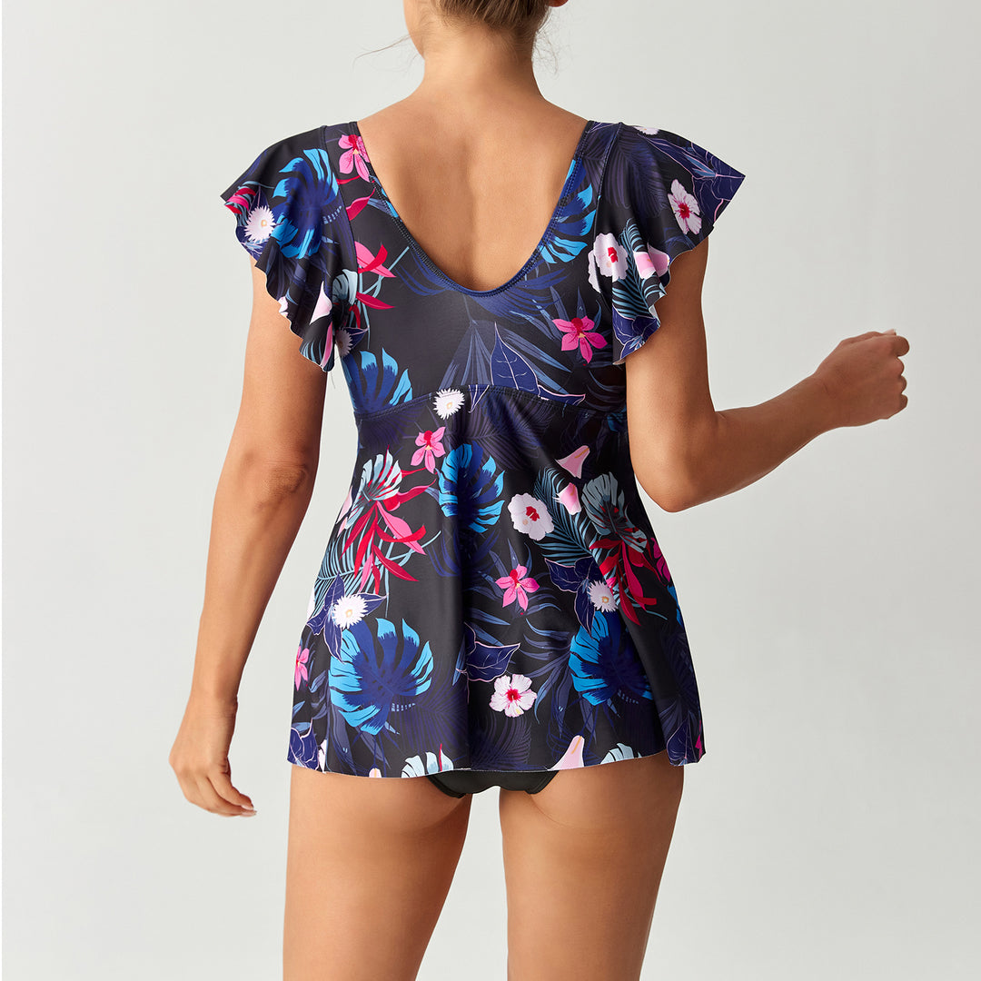 Damen Eleganter Kombination Badeanzug mit Volant und floralem Muster Drune