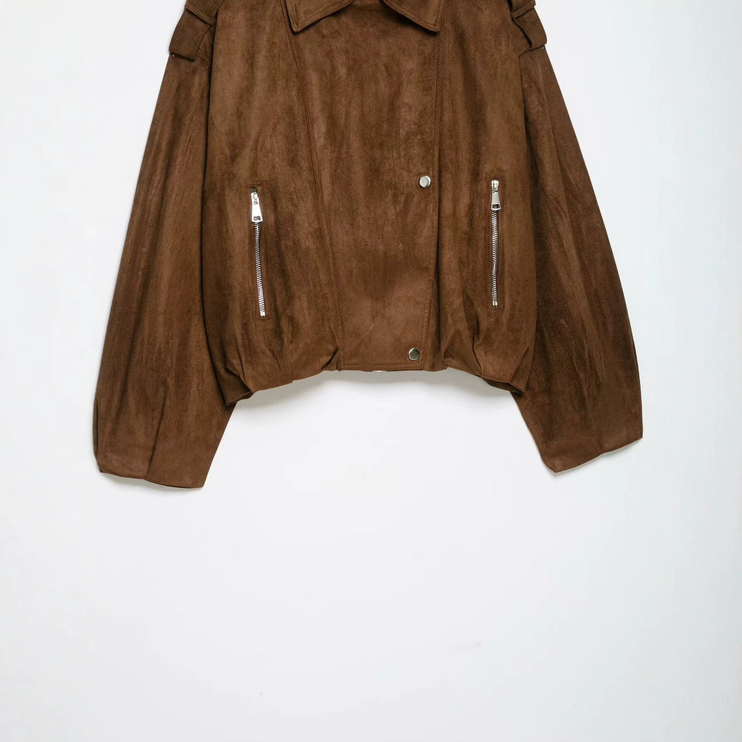 Damen Kurz geschnittene Wildleder-Bikerjacke mit Schulterklappen Drune