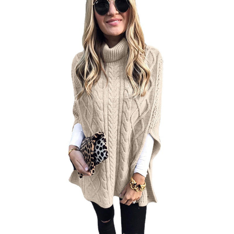 Damen nan kastiger Strickponcho mit hohem Rollkragen, Zopfstruktur und seitlichen Schlitzen Drune