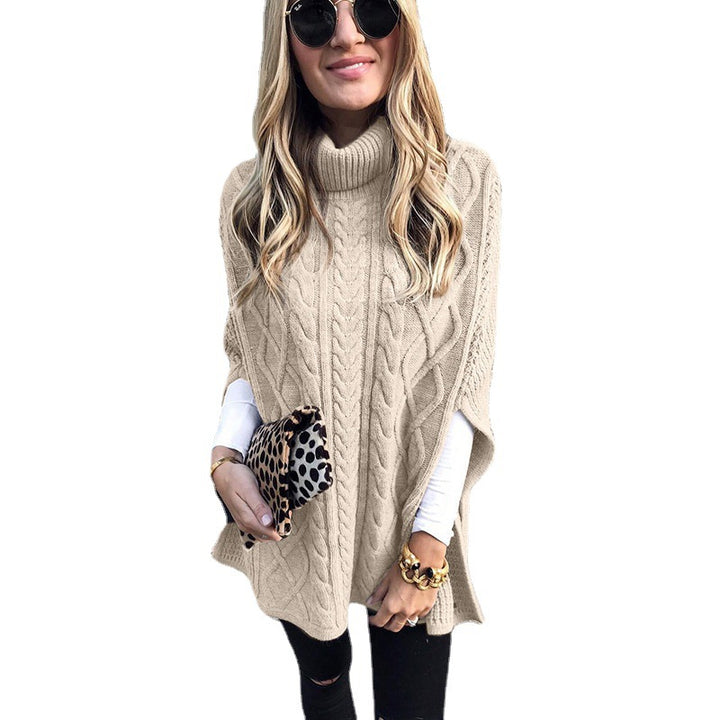 Damen nan kastiger Strickponcho mit hohem Rollkragen, Zopfstruktur und seitlichen Schlitzen Drune