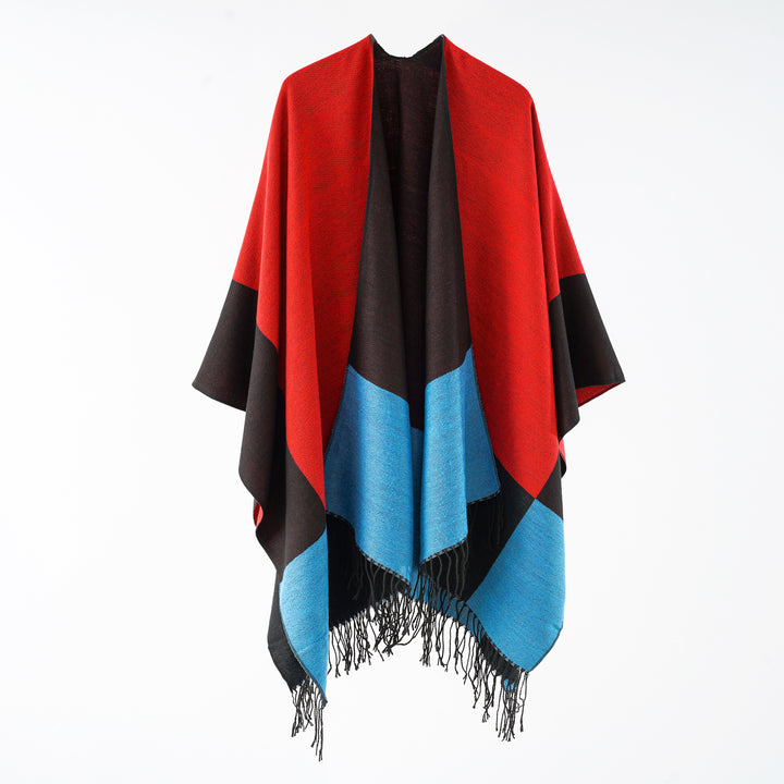 Damen eleganter Wollmix-Capeponcho mit grafischem Blockmuster und Fransen Drune