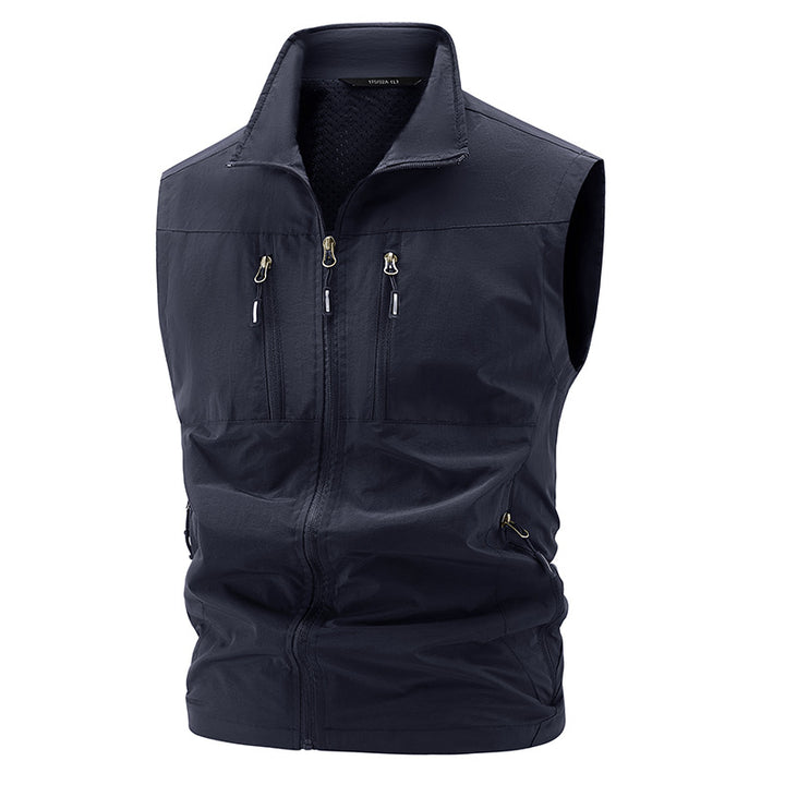 Herren nan multifunktionale technische Outdoor-Weste mit hohem Stehkragen, vier verdeckten Reißverschlusstaschen und atmungsaktivem Meshfutter Drune