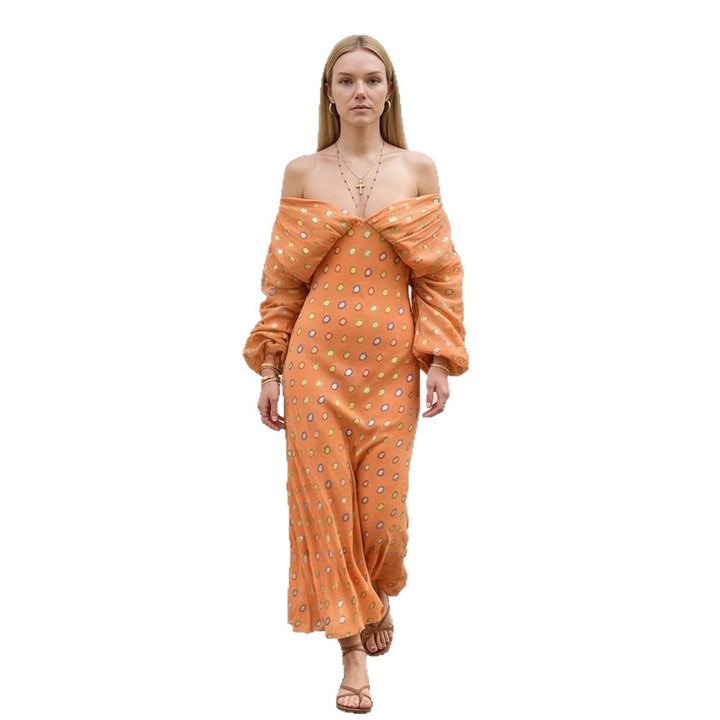 Damen Elegantes Off-Shoulder Maxikleid mit gedrehtem Vorderteil und Ballonärmeln Drune