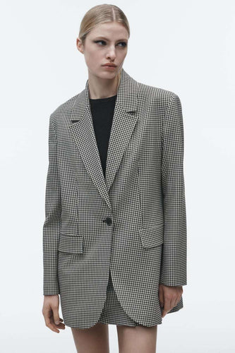Damen Oversize Hahnentritt Blazer mit Ein-Knopf-Verschluss und Pattentaschen Drune
