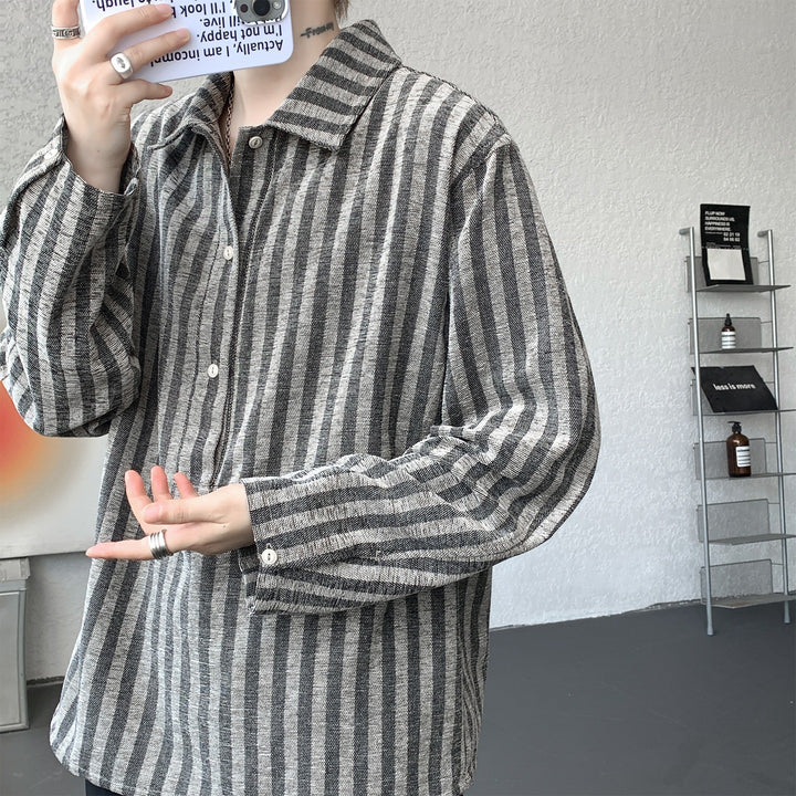 Herren Oversize Langarm-Hemd mit Polokragen, gestreifter Struktur & halber Knopfleiste Drune