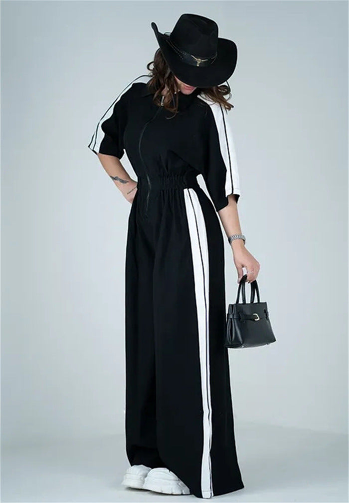 Damen Langer Jumpsuit mit Taillengebund und Kontraststreifen